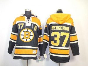 Bruins #37 Patrice Bergeron Black Sawyer Hooded Sweatshirt Embroidered NHL Jersey