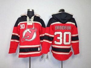 Devils #30 Martin Brodeur Red Sawyer Hooded Sweatshirt Embroidered NHL Jersey