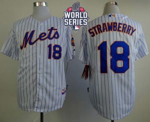 Mets #18 Darryl Strawberry White(Blue Strip) Home Cool Base W 2015 World Series Patch Stitched MLB Jersey