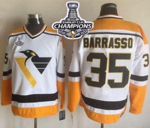 Penguins #35 Tom Barrasso White Yellow CCM Throwback 2016 Stanley Cup Champions Stitched NHL Jersey