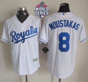 Royals #8 Mike Moustakas White New Cool Base W 2015 World Series Patch Stitched MLB Jersey
